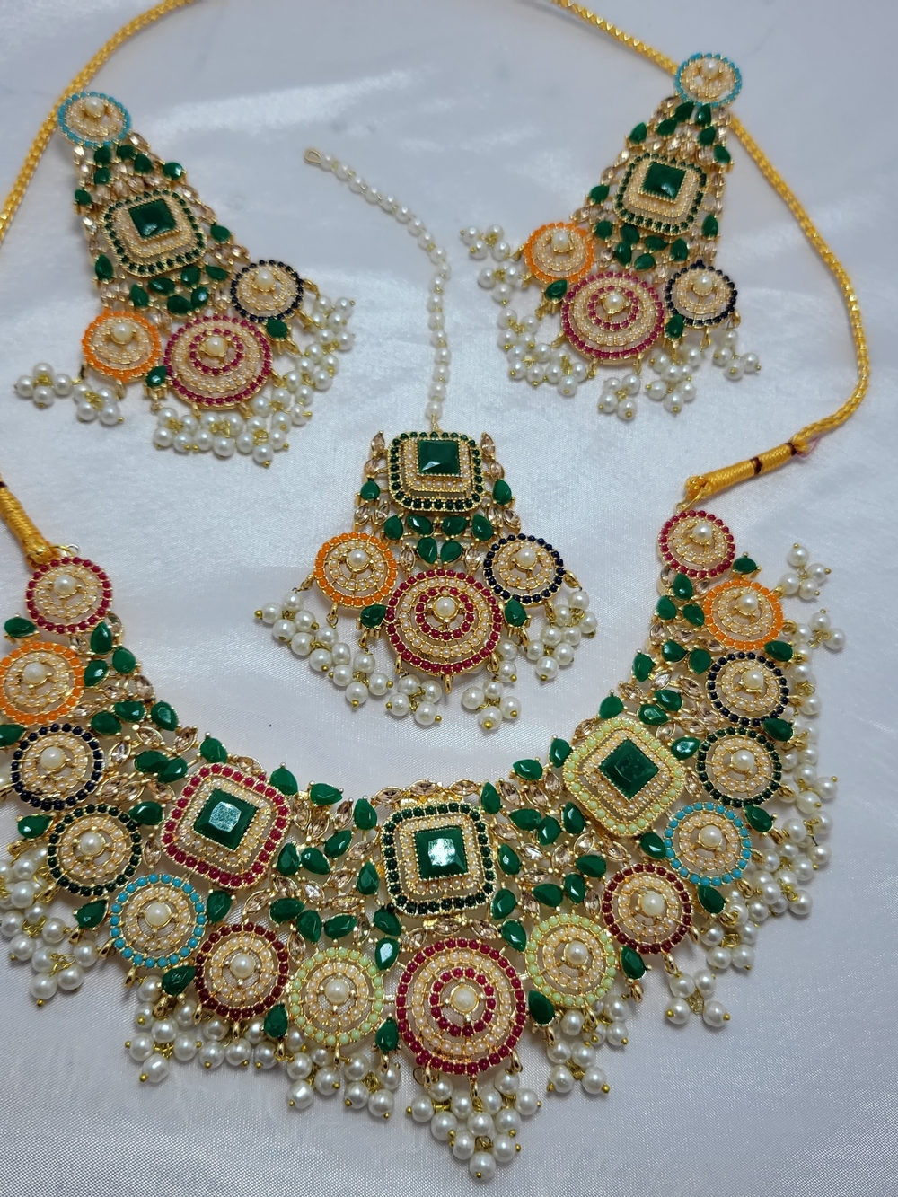 Traditional Green and Multicolor Kundan Necklace Set - Women Jewelry